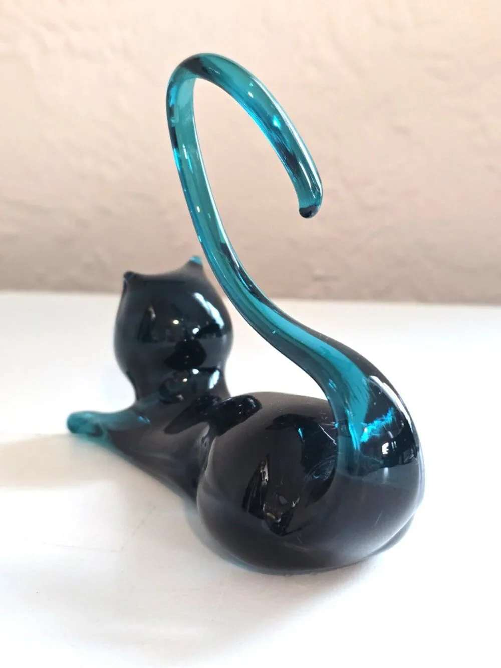 Vintage Hand Blown Glass Cat Figurine Teal/Dark Blue Black